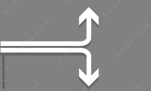 Two white half arrows coming together and merging, forming a single arrow on a background.