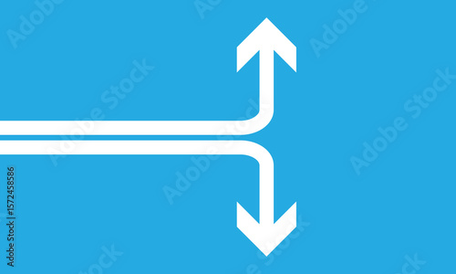Two white half arrows coming together and merging, forming a single arrow on a background.