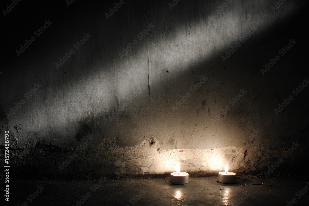 Obraz premium Two small candles emit soft candlelight casting warm gentle shadows on old textured uneven wall creating moody tranquil atmosphere in dimly lit rustic interior