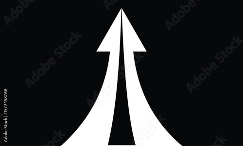 Two white half arrows coming together and merging, forming a single arrow on a background.