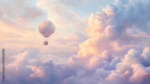 Serene Journey: A Hot Air Balloon Drifting Through Pastel Skies and Dreamy Clouds