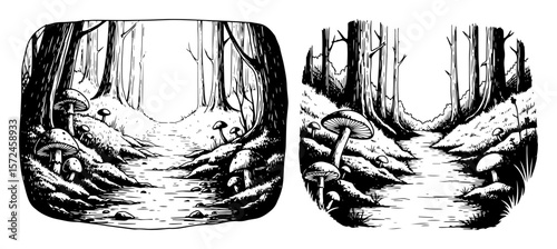 mystic forest path with mushrooms hand drawn illustration vector