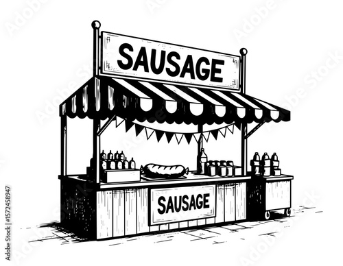 street food sausage stand vendor booth hand drawn sketch vector