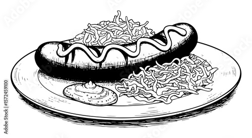 delicious bratwurst sausage with sauerkraut plate