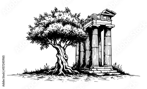ancient greek temple ruin with olive tree hand drawn sketch vector