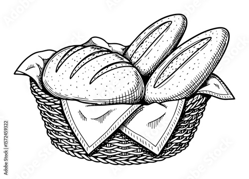 bread basket with baguette loaves hand drawn sketch vector