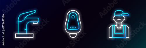Set line Plumber, Water tap and Toilet urinal or pissoir icon. Glowing neon. Vector
