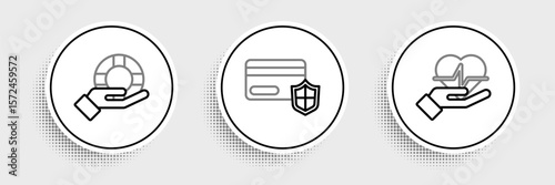 Set line Life insurance in hand, Lifebuoy and Credit card with shield icon. Vector