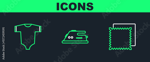 Set line Textile fabric roll, Baby clothes and Electric iron icon. Vector
