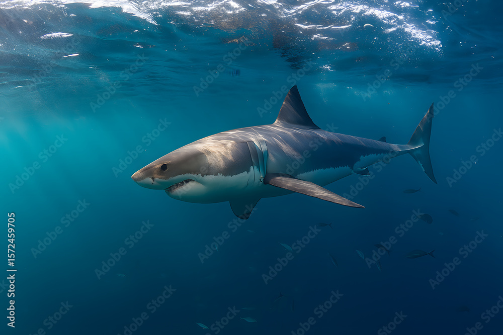 Fototapeta premium Magnificent Great White Shark Swimming Underwater in Deep Ocean for Marine Life and Wildlife Exploration