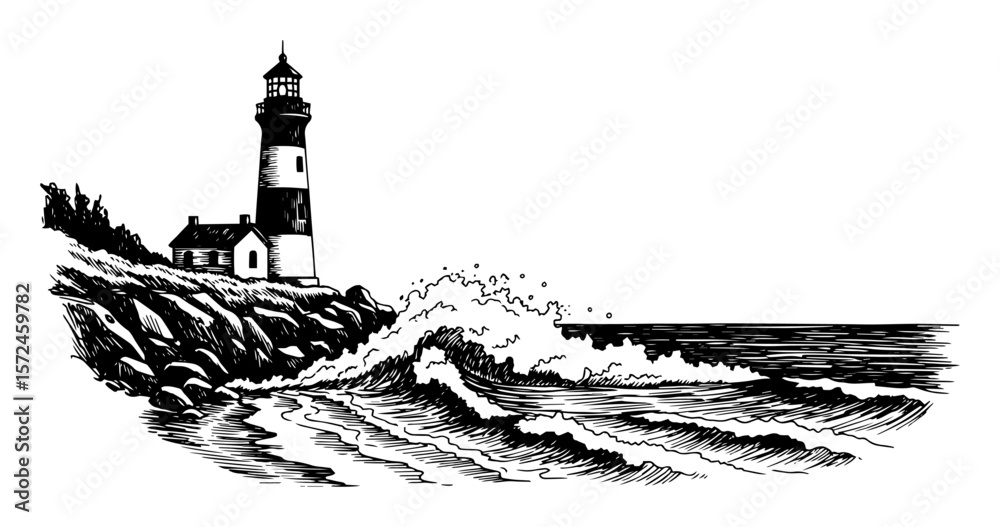 Fototapeta premium lighthouse on rocky sea coast sketch