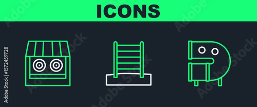 Set line Kid playground slide pipe, Shooting gallery and Swedish wall icon. Vector
