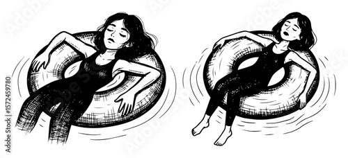 woman relaxing on inflatable ring in water sketch