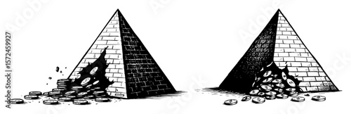 pyramid scheme financial concept with money and coins pouring out sketch vector illustration