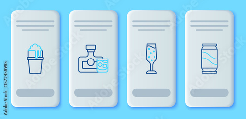 Set line Whiskey bottle and glass, Glass of champagne, beer and Beer can icon. Vector