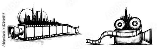 futuristic city film projector hand drawn vector