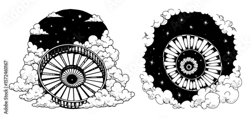 spoked wheel in cosmic cloud scene hand drawn vector