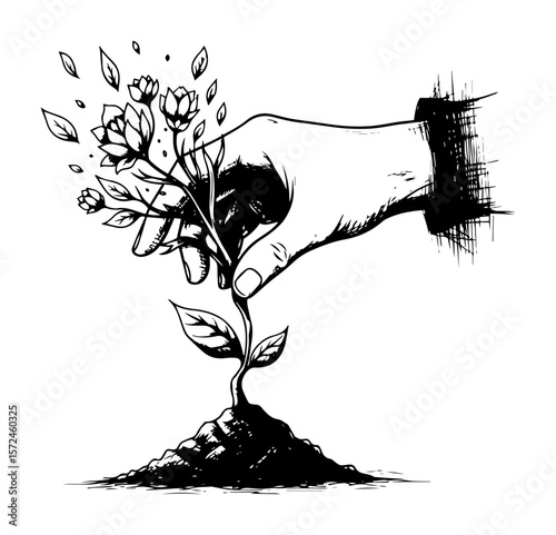 hand planting a flower new life growth concept sketch