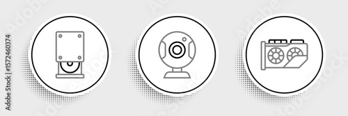 Set line Video graphic card, Optical disc drive and Web camera icon. Vector