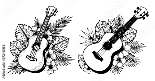 guitar with tropical flowers black and white illustration