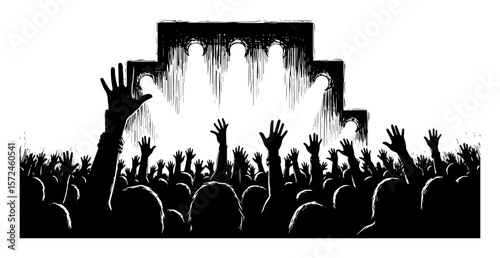 hand drawn concert crowd silhouette with stage lights