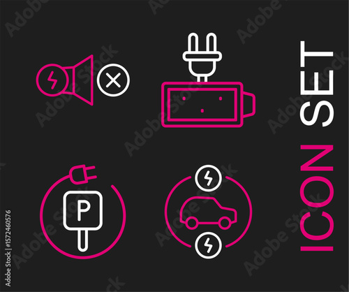 Set line Electric car, Charging parking electric, Battery charge and motor icon. Vector