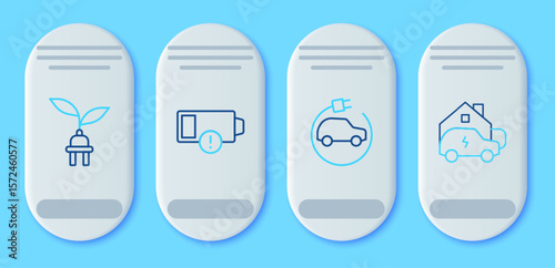 Set line Low battery, Electric car, saving plug in leaf and Charging home icon. Vector