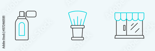 Set line Barbershop building, Aftershave with atomizer and Shaving brush icon. Vector