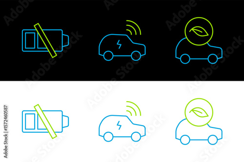 Set line Eco car, Low battery and Smart system icon. Vector