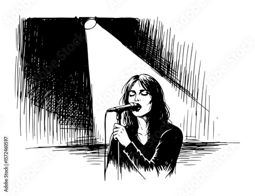 female singer under spotlight sketch vector illustration