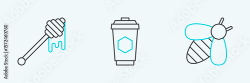 Set line Bee, Honey dipper stick with dripping honey and Cup of tea icon. Vector
