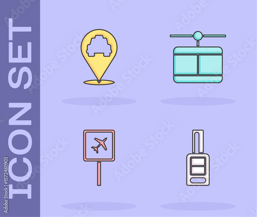 Set Car key with remote, Location taxi, Airport and Cable car icon. Vector