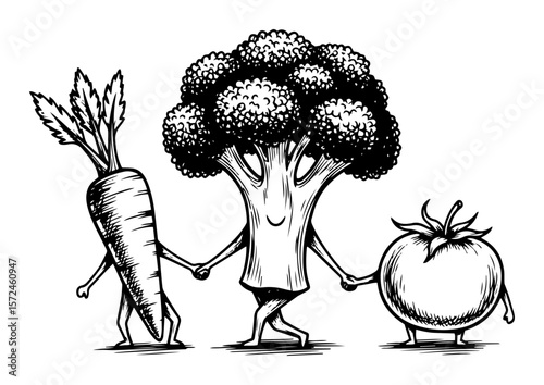 cute vegetable friends carrot broccoli tomato hand drawn vector