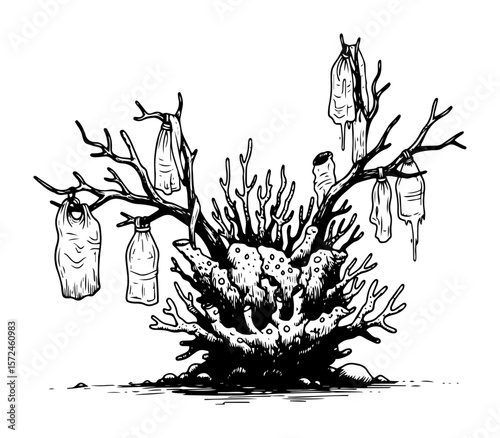 coral reef pollution plastic waste hand drawn vector