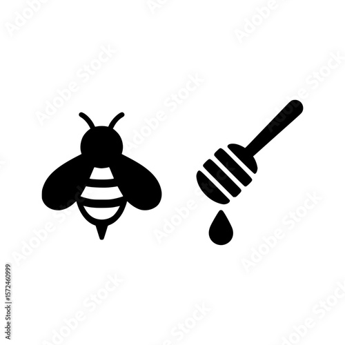 Simple black icon of a bee and a honey dipper with dripping honey