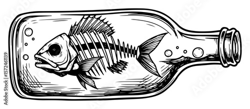 dead fish skeleton in a bottle ocean water pollution concept art vector pattern shape