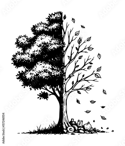 half living half dead tree with garbage environmental pollution concept vector pattern shape