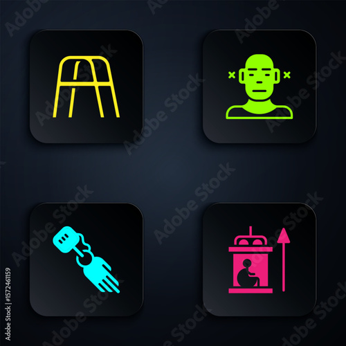 Set Elevator for disabled, Walker, Prosthesis hand and Deaf. Black square button. Vector
