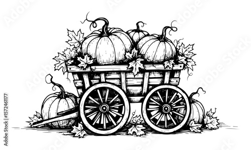 vintage wooden cart with pumpkins autumn harvest festival drawing vector pattern shape