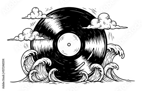vinyl record with ocean waves surreal hand drawn vector