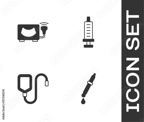 Set Pipette, Ultrasound, IV bag and Syringe icon. Vector