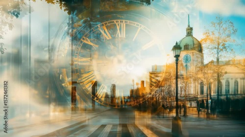 The golden clock face blends with city buildings under bright sky, creating a timeless urban landscape that evokes a sense of history and progress.
