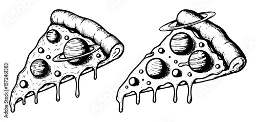 space pizza slice with planets surreal sketch