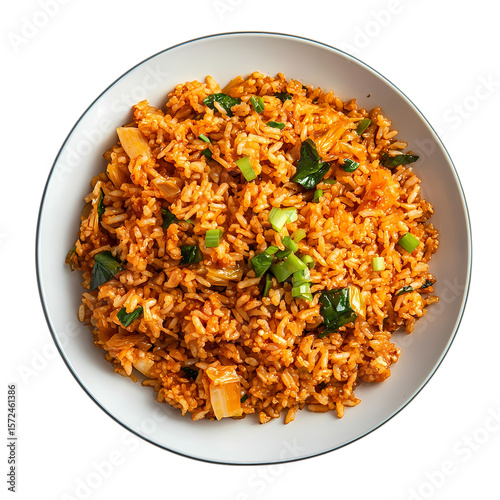 A bowl of kimchi fried rice with green onions on a white background isolated on transparent background