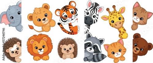 Cartoon animals peeking from the side of a white background illustration