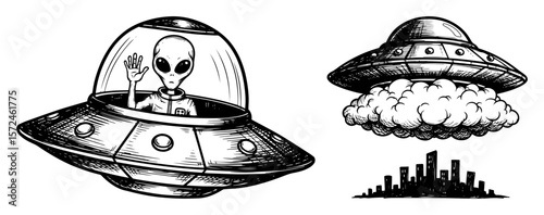 alien in ufo flying saucer sketch set