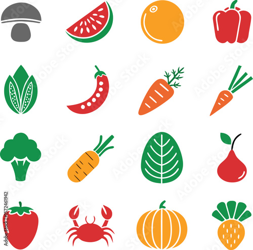 A vibrant collection of colorful flat icons representing various fruits vegetables and a crab isolated on transparent background