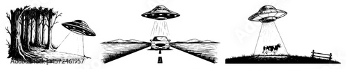 ufo alien abduction scene sketch set