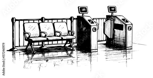 airport departure gate and waiting area sketch