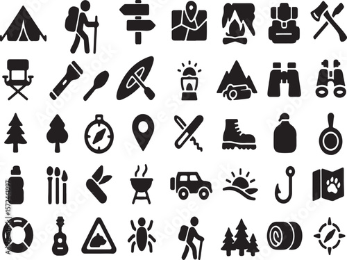 Camping, outdoor adventure icon set. Vector glyph pictograms